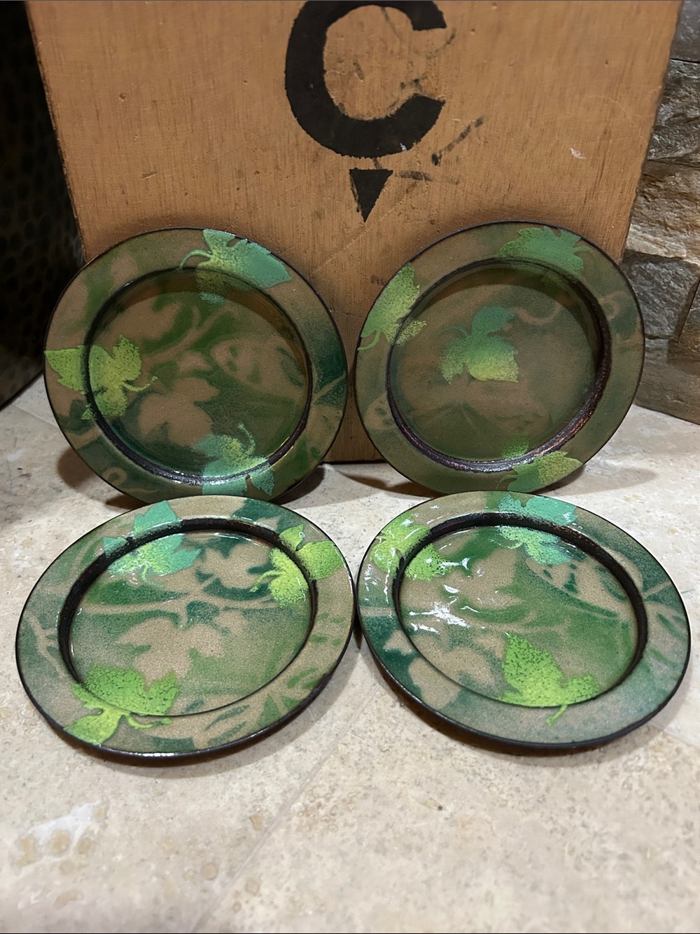 vintage handmade enamel on copper decorative Drink Coaster Set of 4
